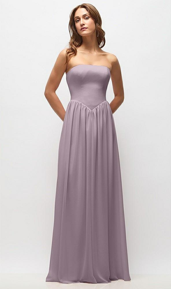 strapless basque drop waist chiffon maxi dress with shirred skirt