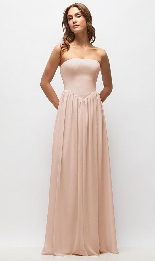 strapless basque drop waist chiffon maxi dress with shirred skirt