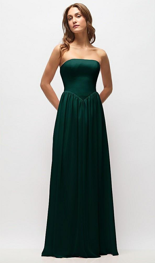 strapless basque drop waist chiffon maxi dress with shirred skirt