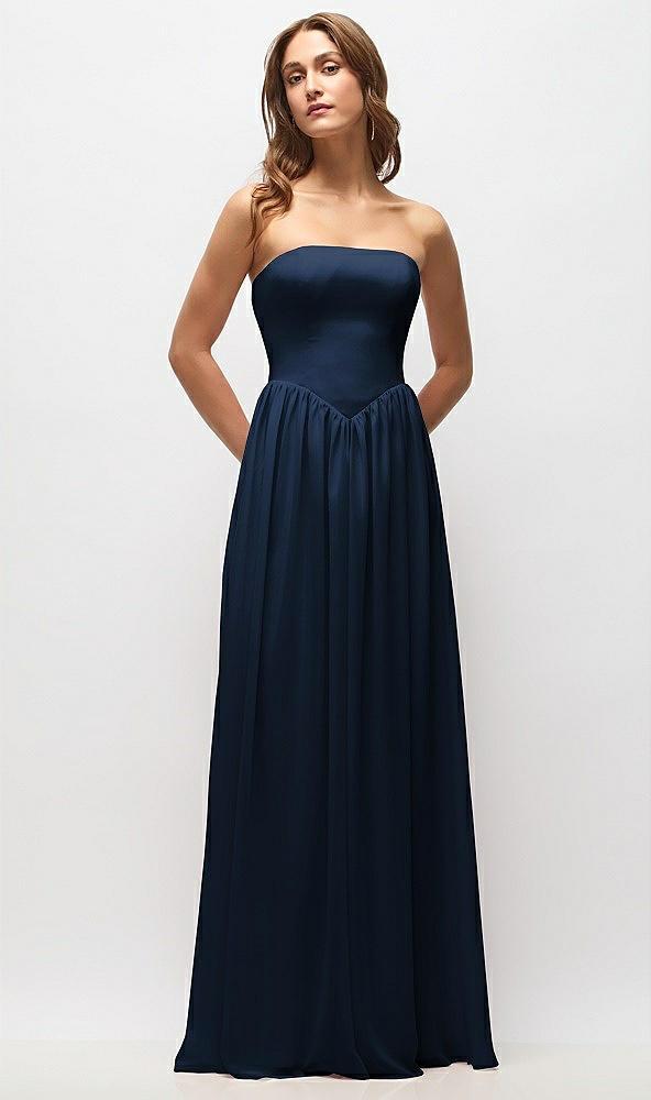 strapless basque drop waist chiffon maxi dress with shirred skirt