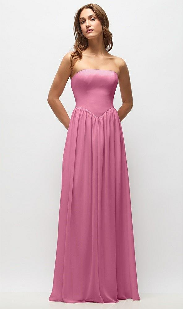 strapless basque drop waist chiffon maxi dress with shirred skirt