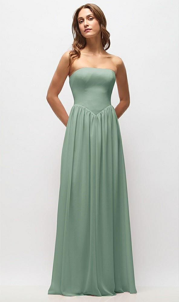 strapless basque drop waist chiffon maxi dress with shirred skirt