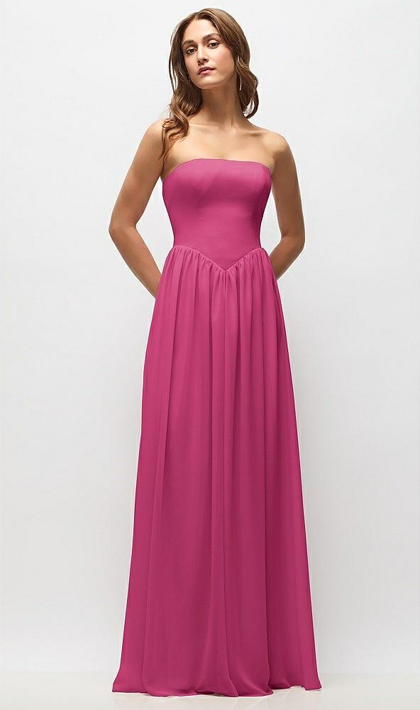 strapless basque drop waist chiffon maxi dress with shirred skirt