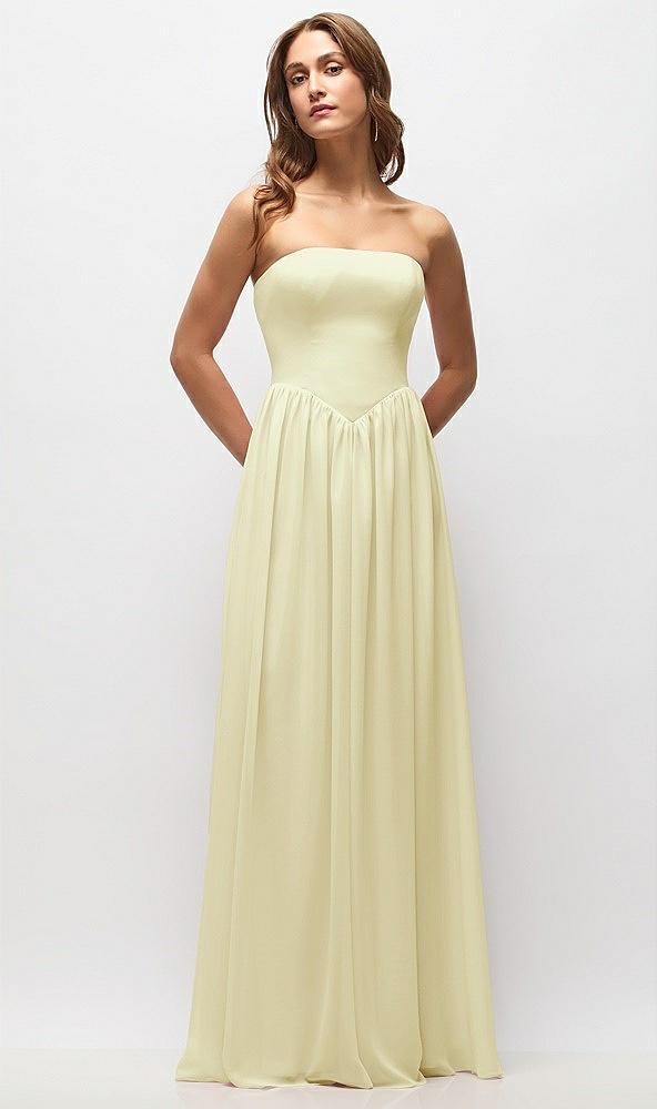 strapless basque drop waist chiffon maxi dress with shirred skirt