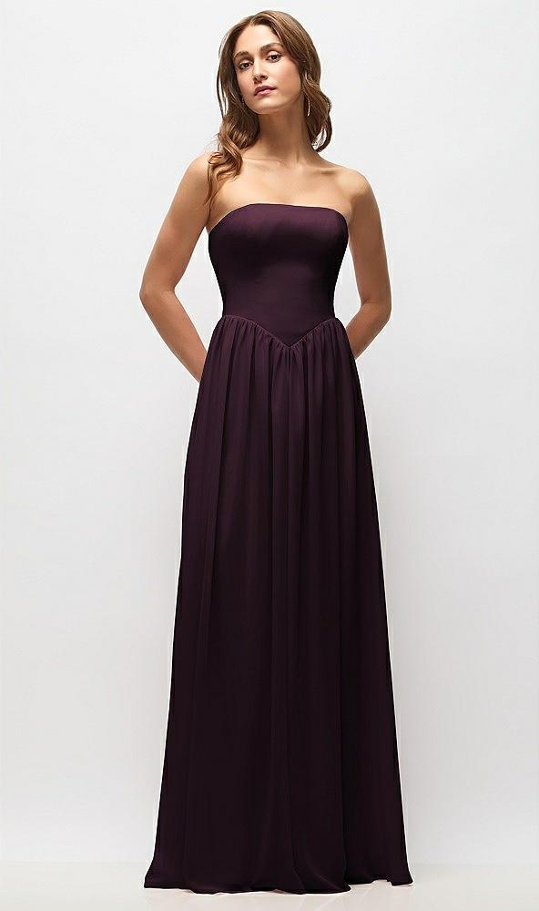 strapless basque drop waist chiffon maxi dress with shirred skirt