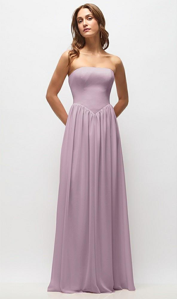 strapless basque drop waist chiffon maxi dress with shirred skirt