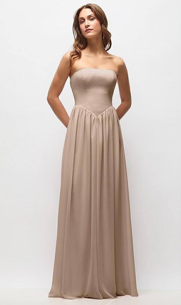 strapless basque drop waist chiffon maxi dress with shirred skirt