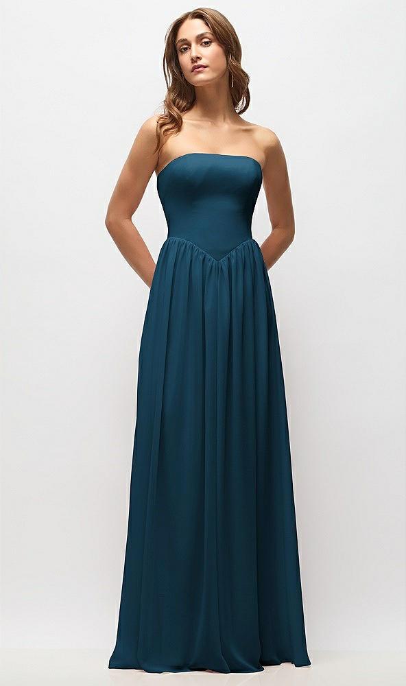 strapless basque drop waist chiffon maxi dress with shirred skirt