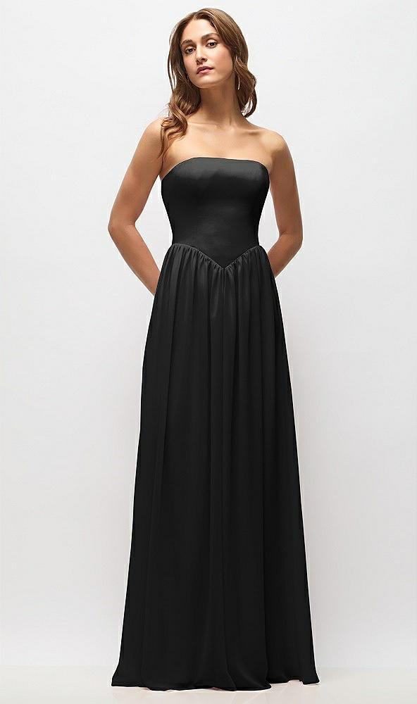 strapless basque drop waist chiffon maxi dress with shirred skirt