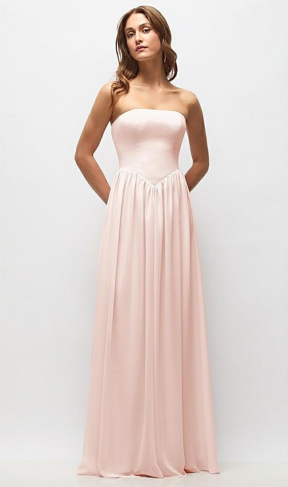 strapless basque drop waist chiffon maxi dress with shirred skirt