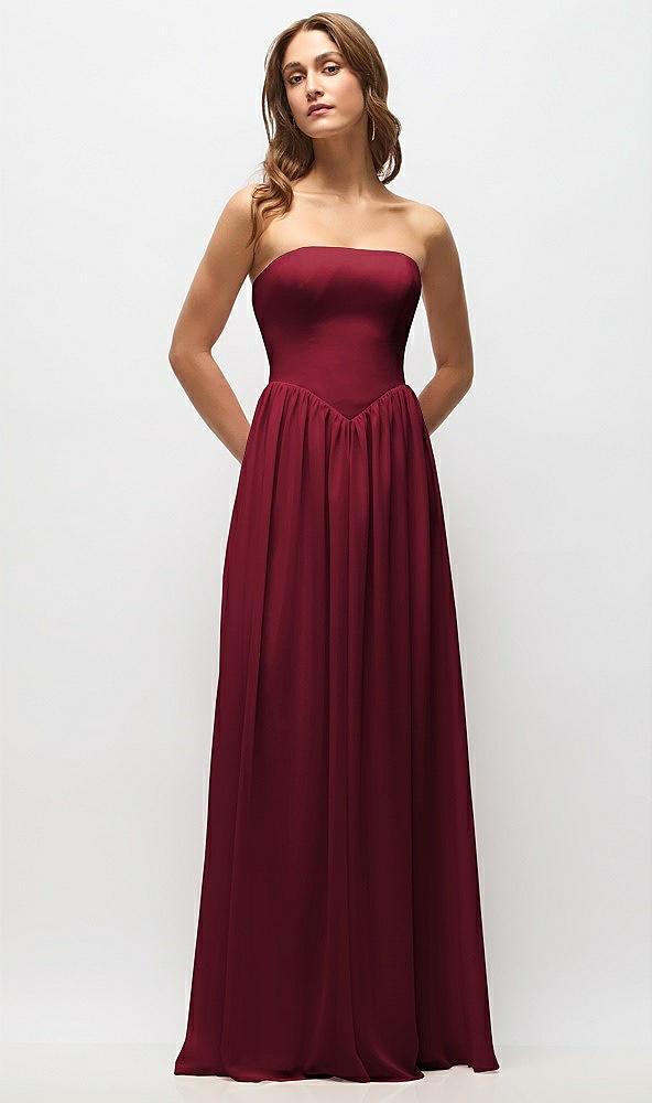 strapless basque drop waist chiffon maxi dress with shirred skirt