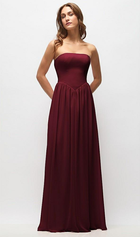 strapless basque drop waist chiffon maxi dress with shirred skirt