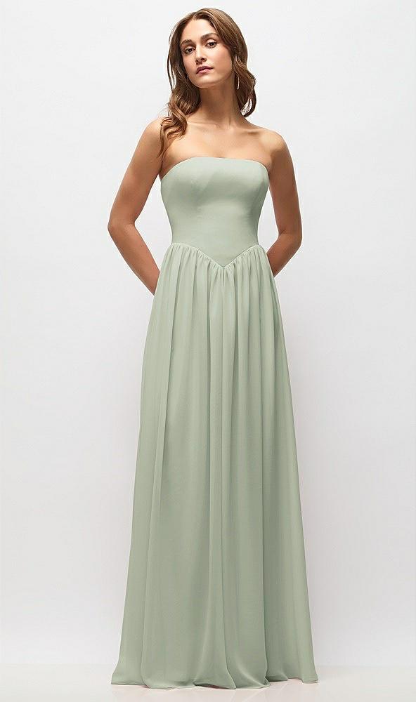 strapless basque drop waist chiffon maxi dress with shirred skirt