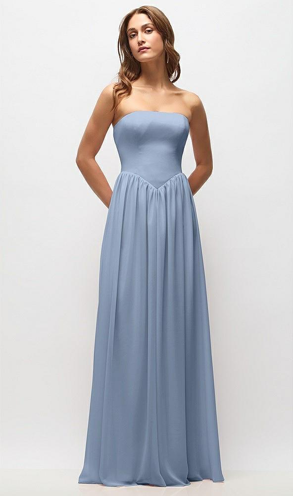 strapless basque drop waist chiffon maxi dress with shirred skirt