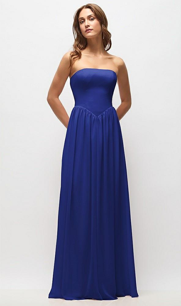 strapless basque drop waist chiffon maxi dress with shirred skirt