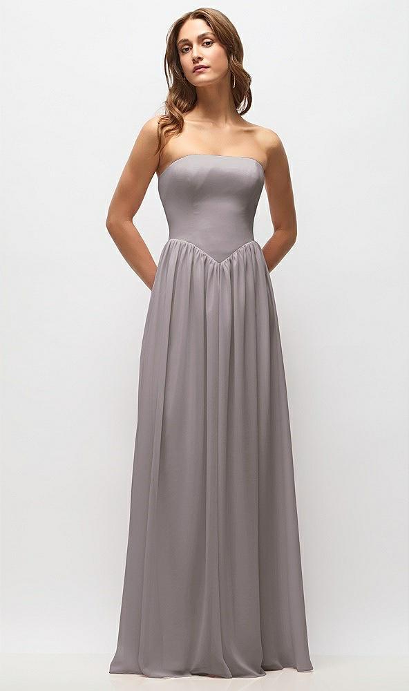 strapless basque drop waist chiffon maxi dress with shirred skirt