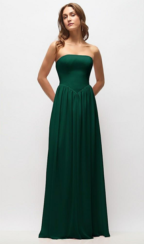 strapless basque drop waist chiffon maxi dress with shirred skirt