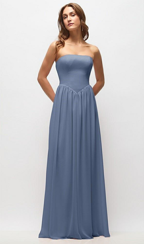 strapless basque drop waist chiffon maxi dress with shirred skirt