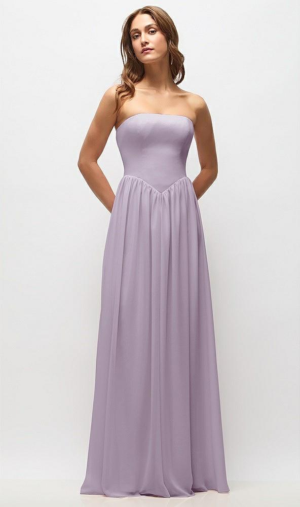strapless basque drop waist chiffon maxi dress with shirred skirt