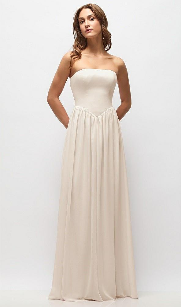 strapless basque drop waist chiffon maxi dress with shirred skirt