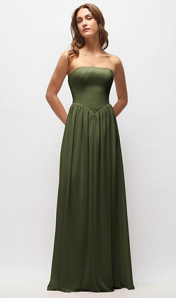 strapless basque drop waist chiffon maxi dress with shirred skirt