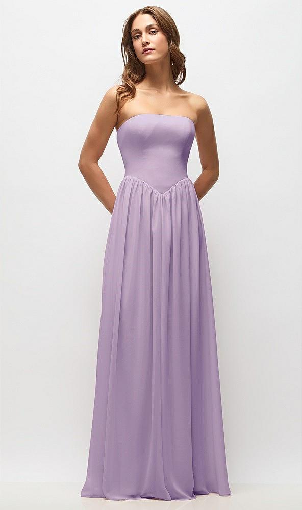 strapless basque drop waist chiffon maxi dress with shirred skirt