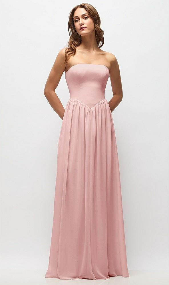 strapless basque drop waist chiffon maxi dress with shirred skirt