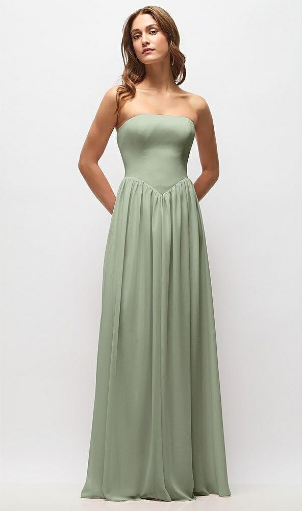 strapless basque drop waist chiffon maxi dress with shirred skirt