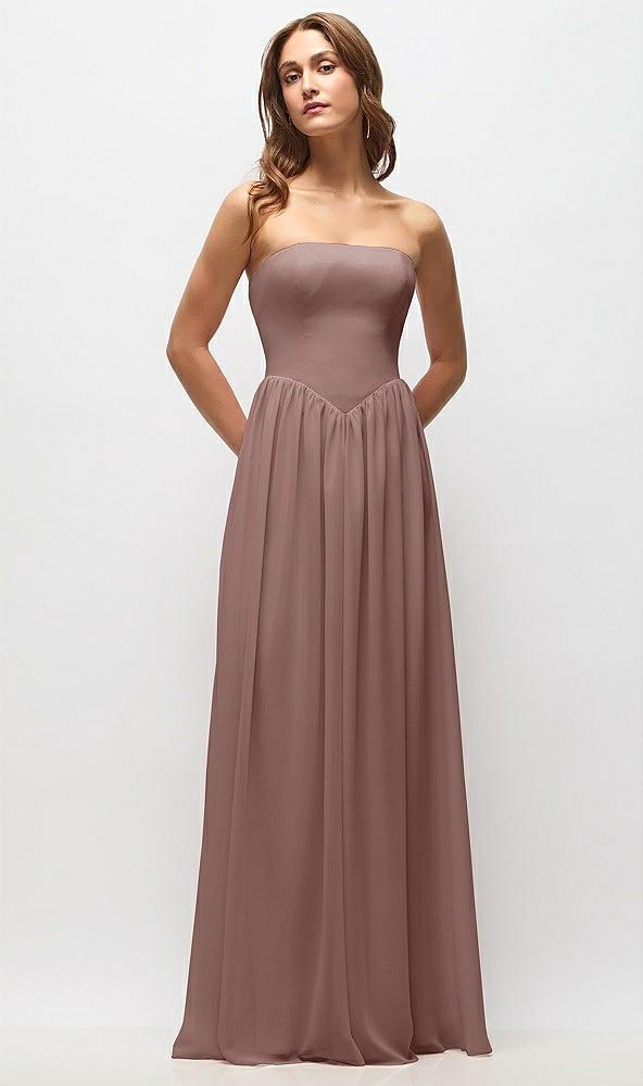 strapless basque drop waist chiffon maxi dress with shirred skirt