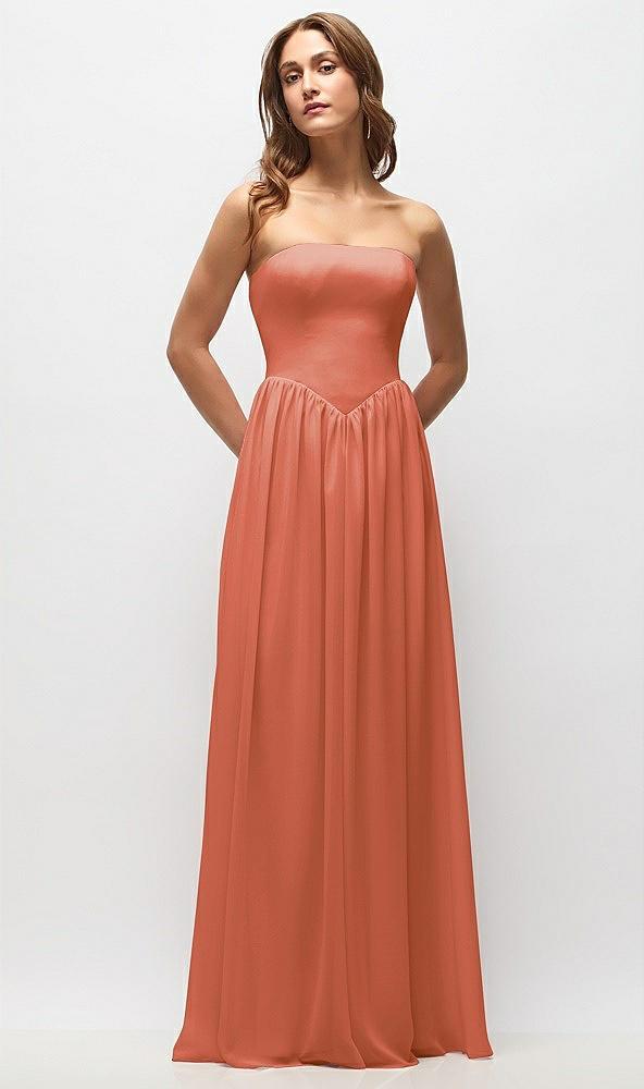 strapless basque drop waist chiffon maxi dress with shirred skirt