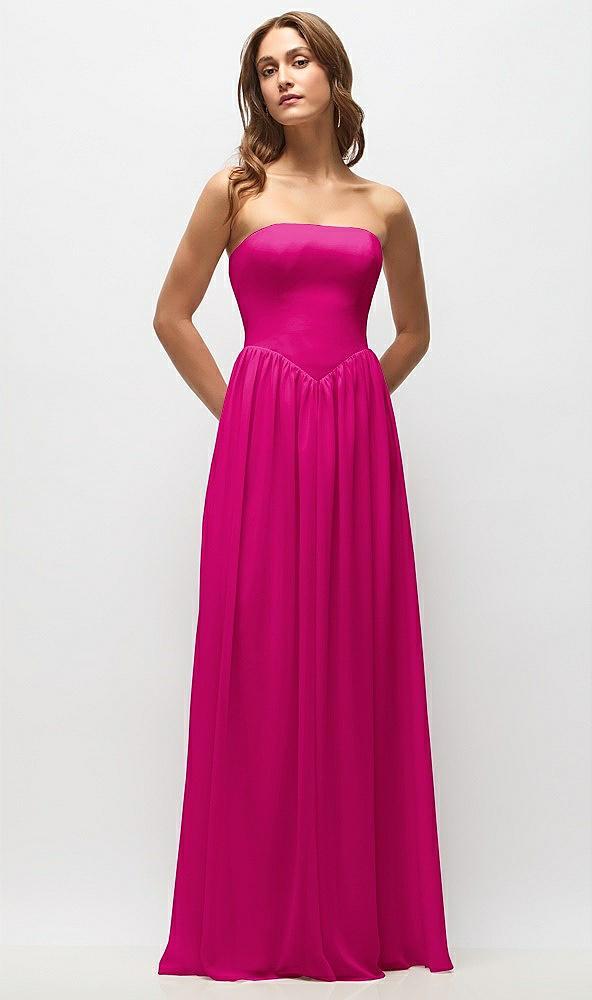 strapless basque drop waist chiffon maxi dress with shirred skirt