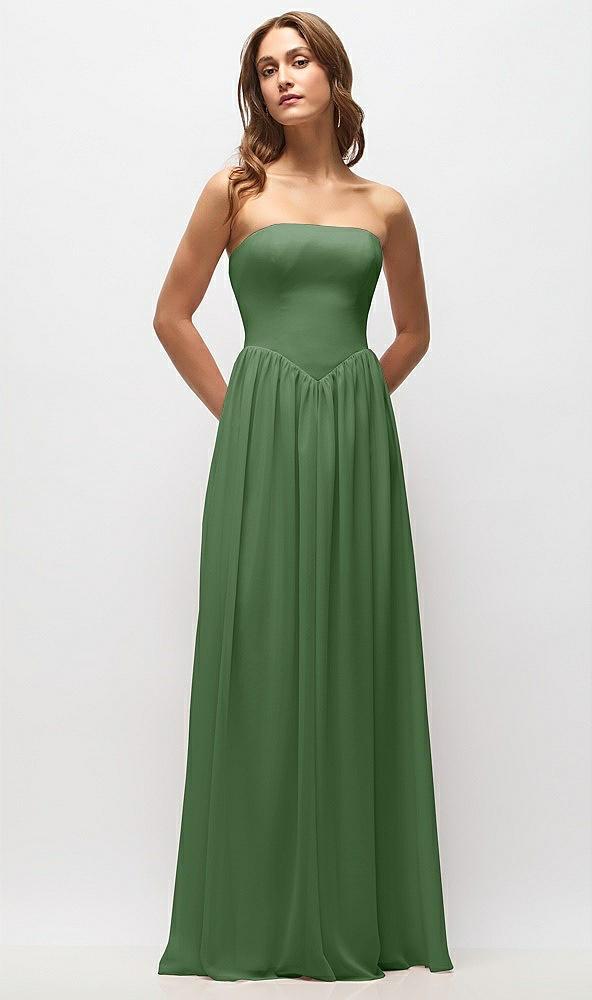 strapless basque drop waist chiffon maxi dress with shirred skirt