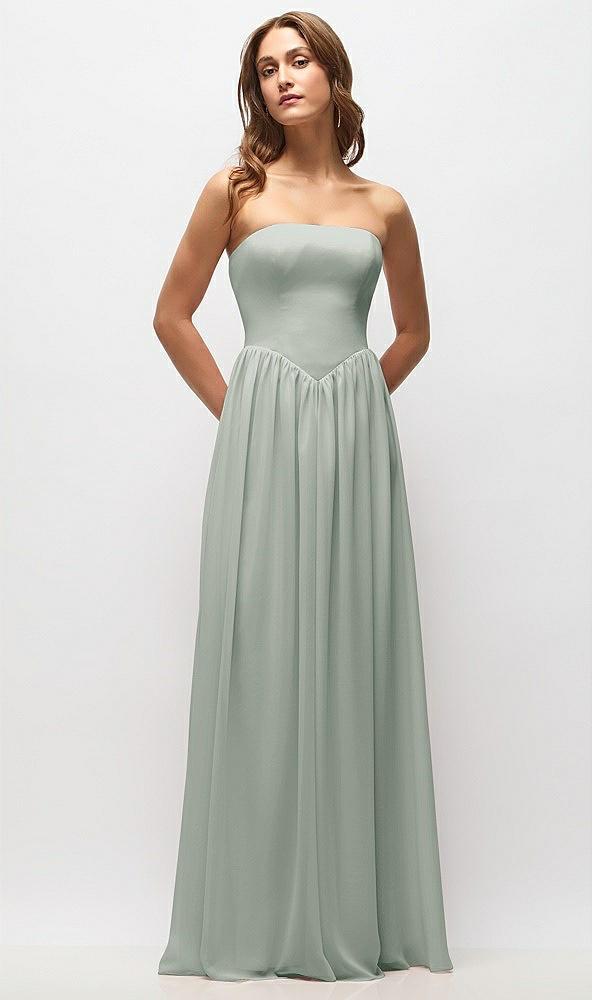 strapless basque drop waist chiffon maxi dress with shirred skirt