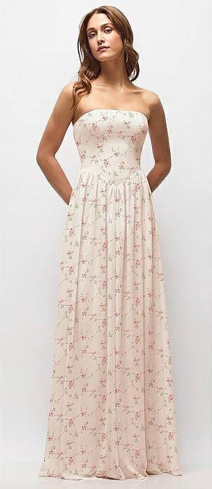 strapless basque drop waist floral chiffon maxi dress with shirred skirt