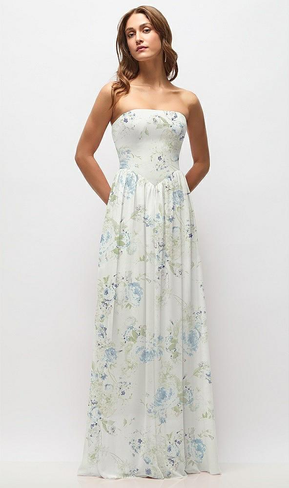 strapless basque drop waist floral chiffon maxi dress with shirred skirt