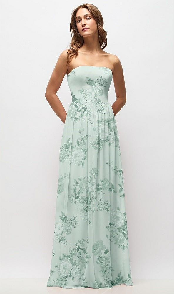 strapless basque drop waist floral chiffon maxi dress with shirred skirt