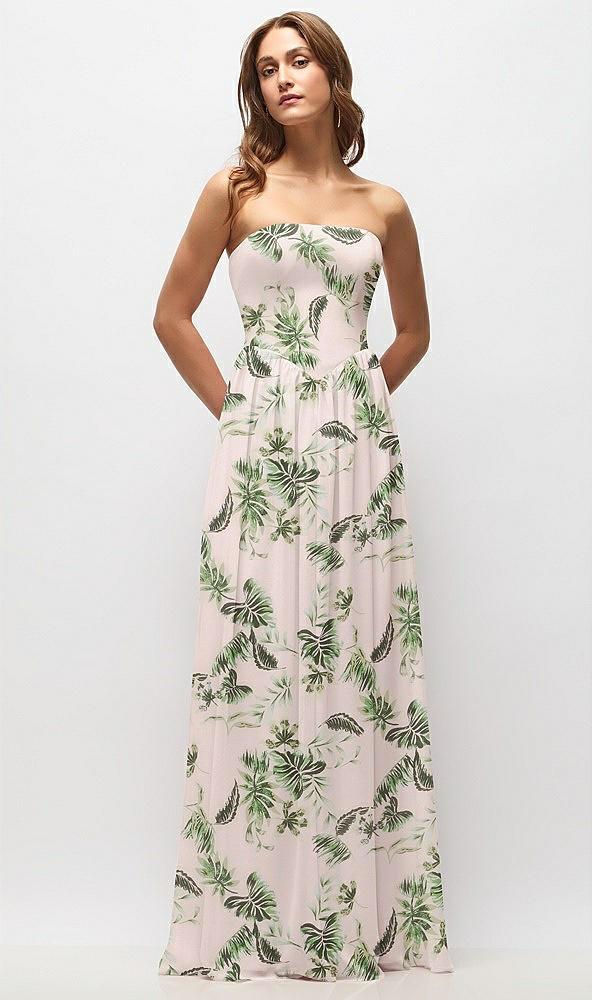 strapless basque drop waist floral chiffon maxi dress with shirred skirt
