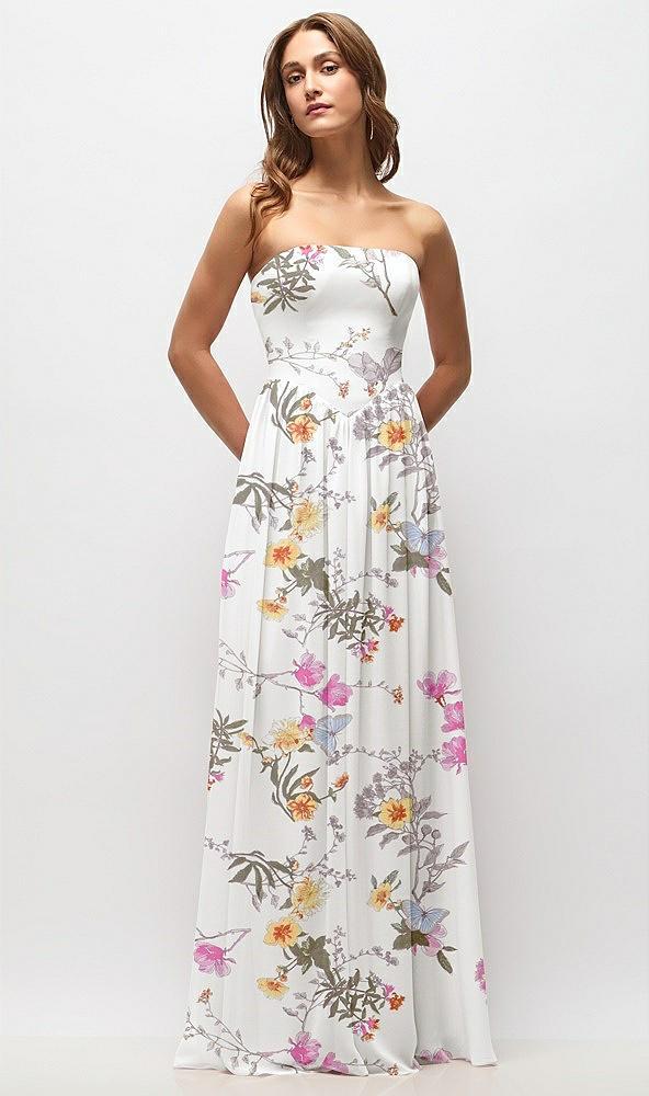 strapless basque drop waist floral chiffon maxi dress with shirred skirt