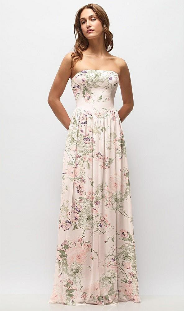 strapless basque drop waist floral chiffon maxi dress with shirred skirt