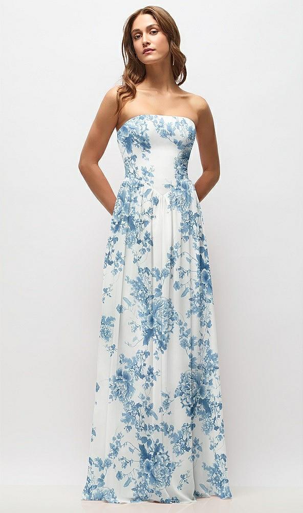 strapless basque drop waist floral chiffon maxi dress with shirred skirt
