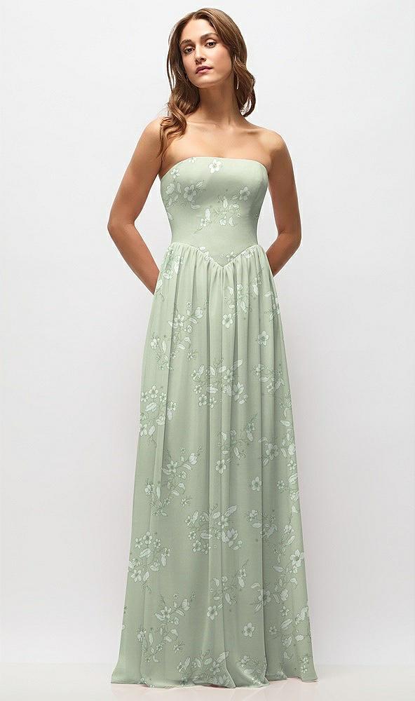strapless basque drop waist floral chiffon maxi dress with shirred skirt