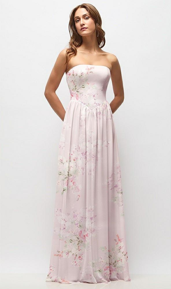 strapless basque drop waist floral chiffon maxi dress with shirred skirt
