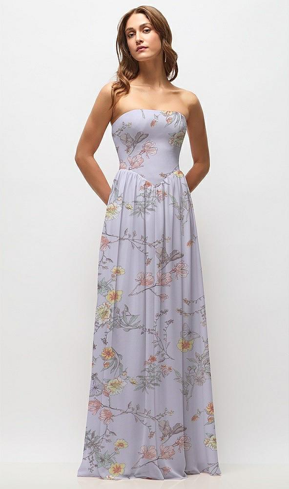 strapless basque drop waist floral chiffon maxi dress with shirred skirt