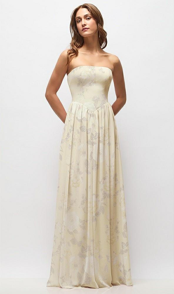 strapless basque drop waist floral chiffon maxi dress with shirred skirt