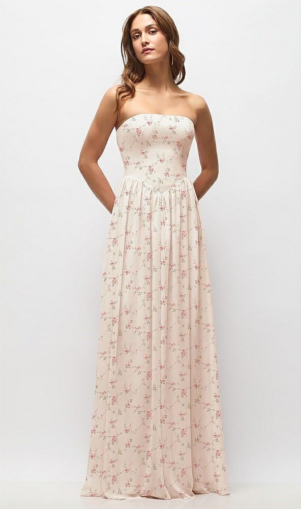 strapless basque drop waist floral chiffon maxi dress with shirred skirt