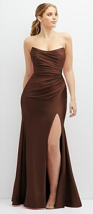 strapless basque-neck draped stretch satin mermaid dress with horsehair hem
