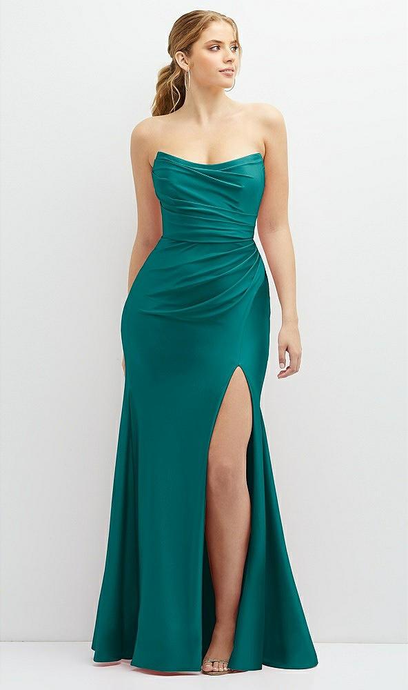 strapless basque-neck draped stretch satin mermaid dress with horsehair hem