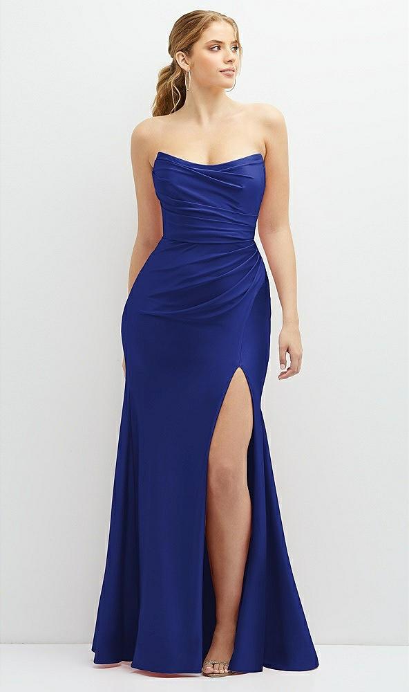 strapless basque-neck draped stretch satin mermaid dress with horsehair hem