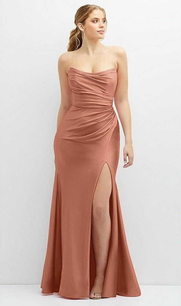 strapless basque-neck draped stretch satin mermaid dress with horsehair hem