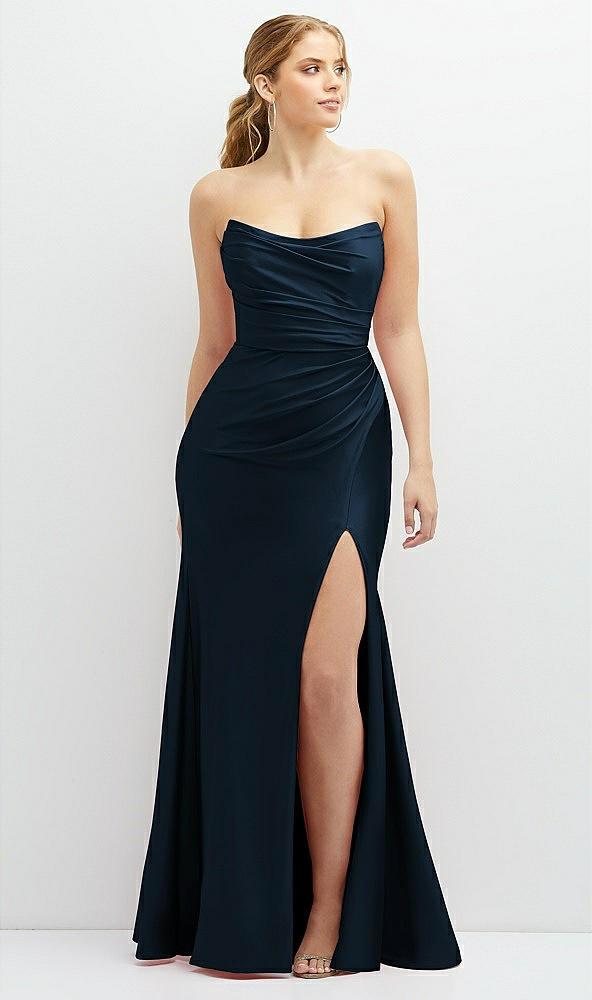strapless basque-neck draped stretch satin mermaid dress with horsehair hem
